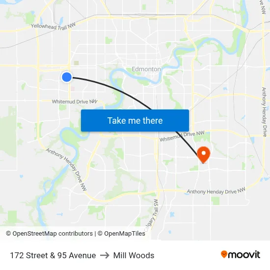 172 Street & 95 Avenue to Mill Woods map