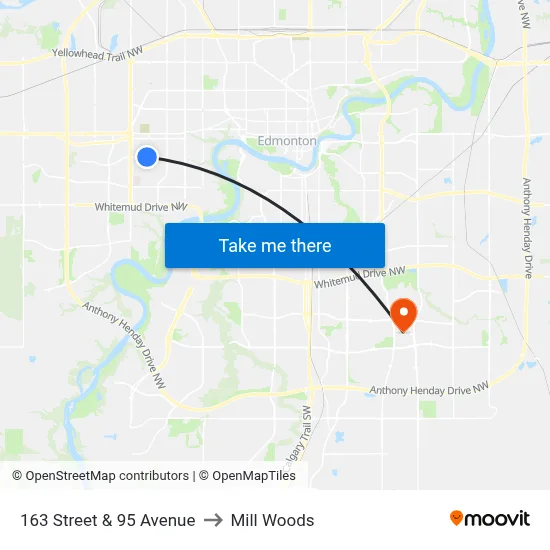 163 Street & 95 Avenue to Mill Woods map