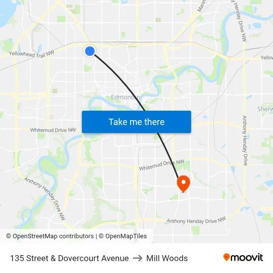 135 Street & Dovercourt Avenue to Mill Woods map