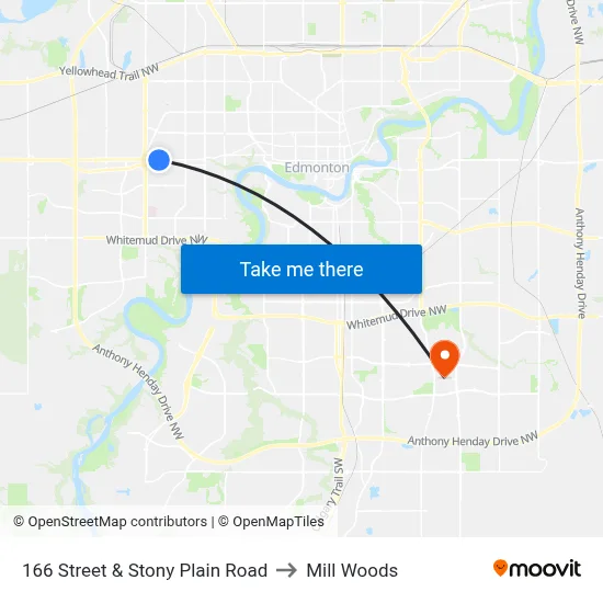 166 Street & Stony Plain Road to Mill Woods map