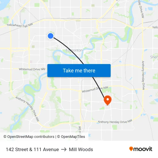 142 Street & 111 Avenue to Mill Woods map