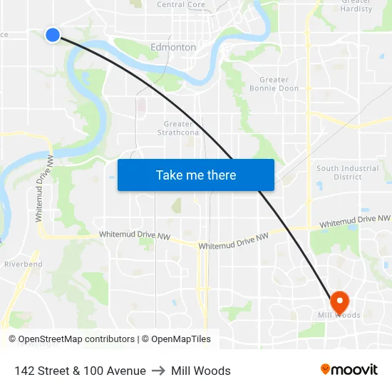 142 Street & 100 Avenue to Mill Woods map