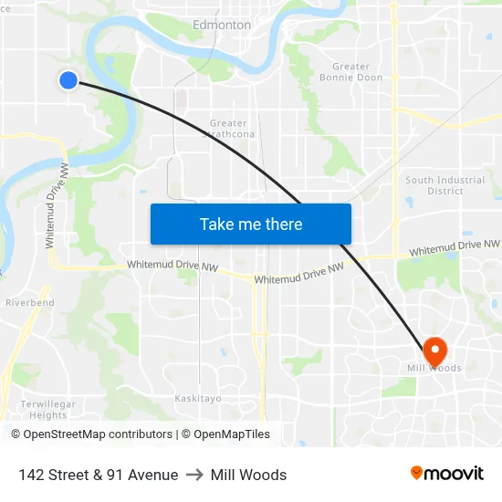 142 Street & 91 Avenue to Mill Woods map