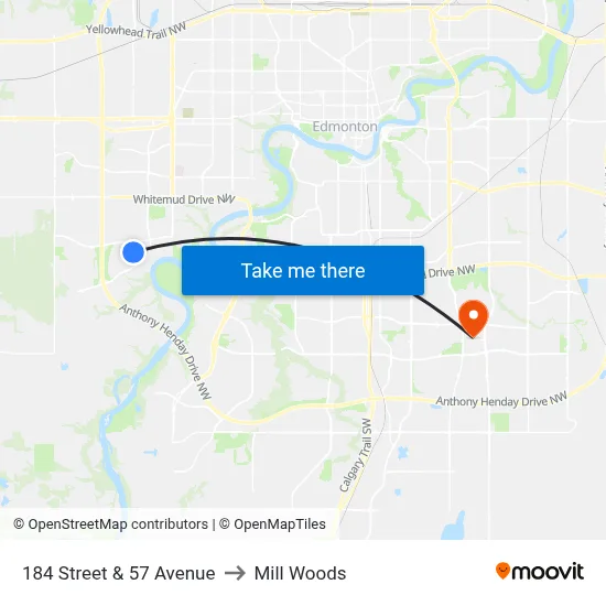 184 Street & 57 Avenue to Mill Woods map