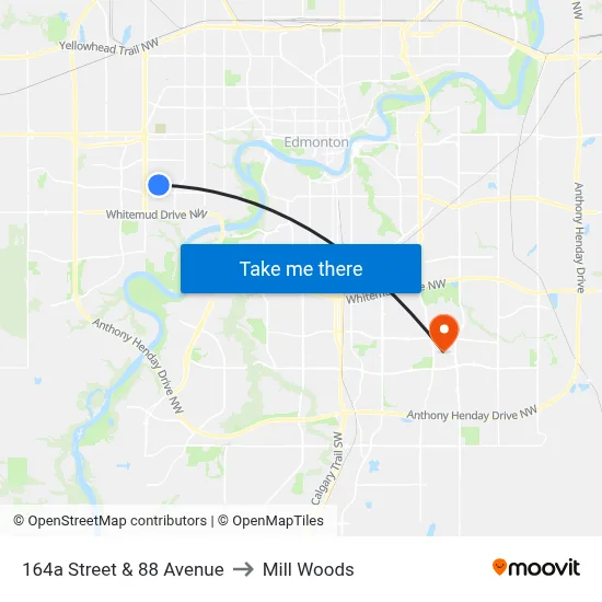 164a Street & 88 Avenue to Mill Woods map