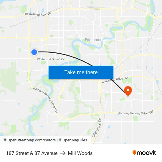 187 Street & 87 Avenue to Mill Woods map