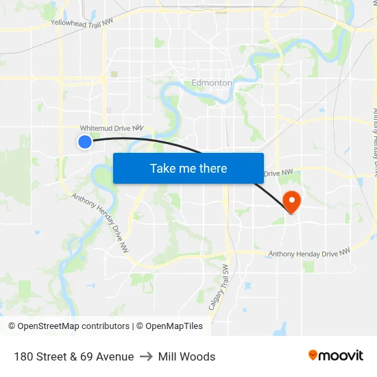 180 Street & 69 Avenue to Mill Woods map
