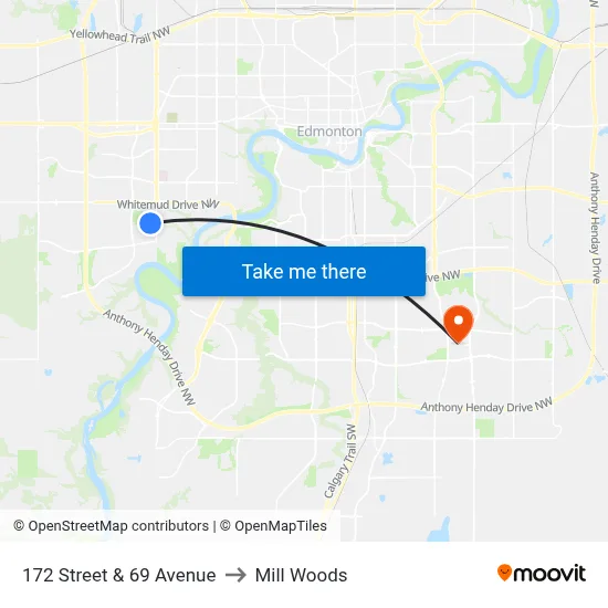 172 Street & 69 Avenue to Mill Woods map
