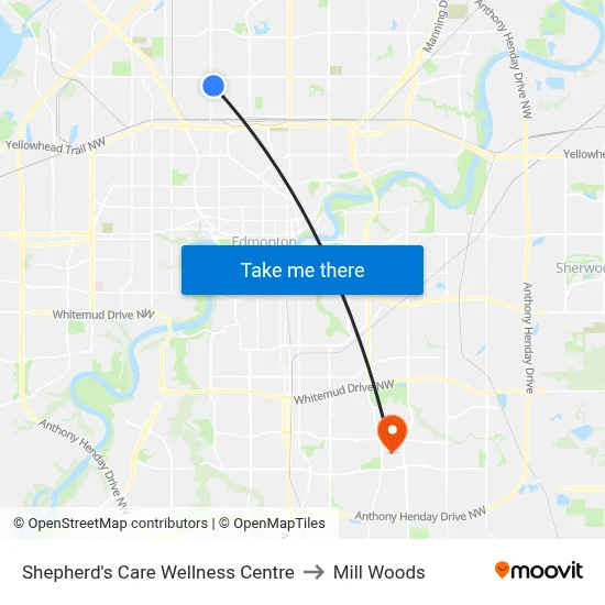 Shepherd's Care Wellness Centre to Mill Woods map
