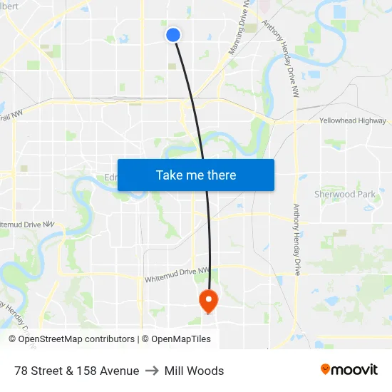 78 Street & 158 Avenue to Mill Woods map