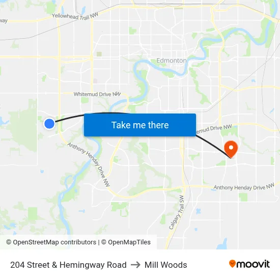 204 Street & Hemingway Road to Mill Woods map