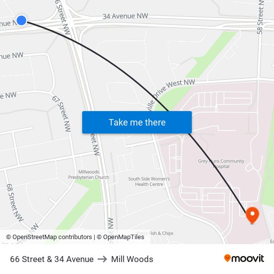 66 Street & 34 Avenue to Mill Woods map