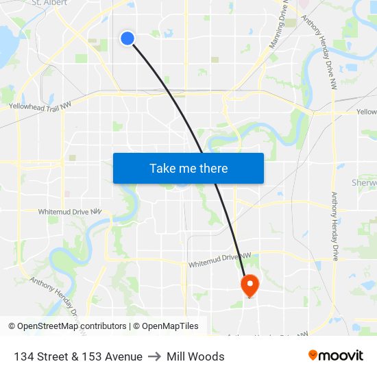 134 Street & 153 Avenue to Mill Woods map