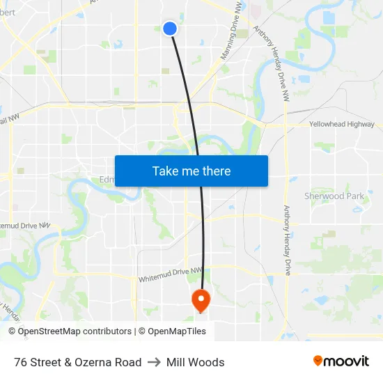 76 Street & Ozerna Road to Mill Woods map