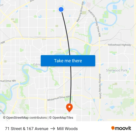 71 Street & 167 Avenue to Mill Woods map