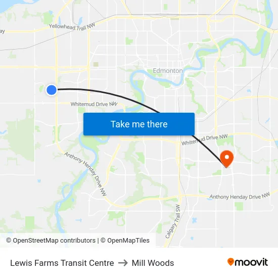 Lewis Farms Transit Centre to Mill Woods map