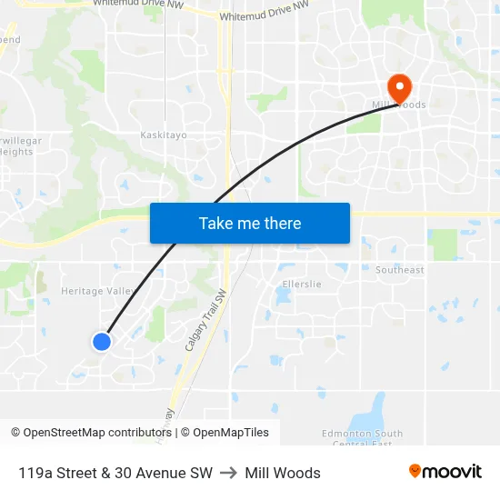 119a Street & 30 Avenue SW to Mill Woods map