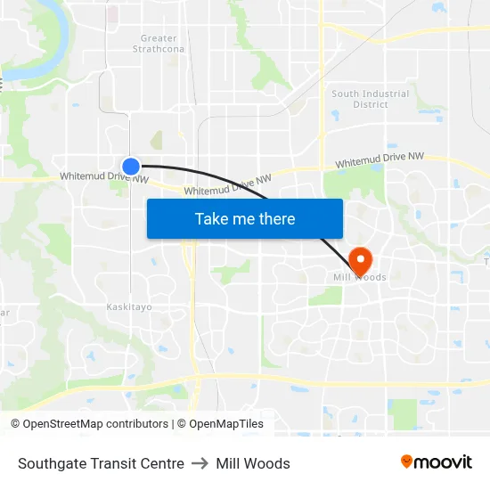 Southgate Transit Centre to Mill Woods map