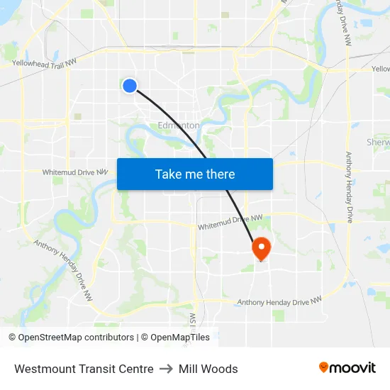 Westmount Transit Centre to Mill Woods map