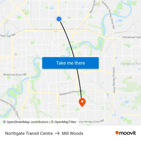 Northgate Transit Centre to Mill Woods map