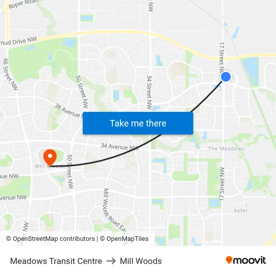 Meadows Transit Centre to Mill Woods map