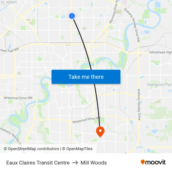Eaux Claires Transit Centre to Mill Woods map
