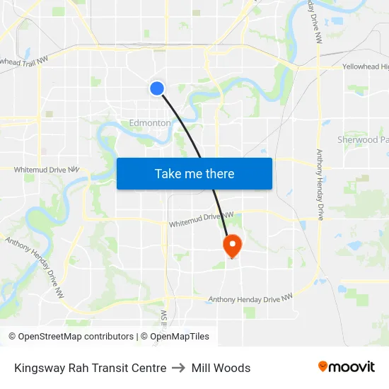 Kingsway Rah Transit Centre to Mill Woods map