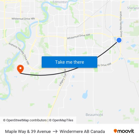 Maple Way & 39 Avenue to Windermere AB Canada map