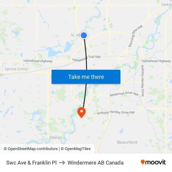 Swc Ave & Franklin Pl to Windermere AB Canada map