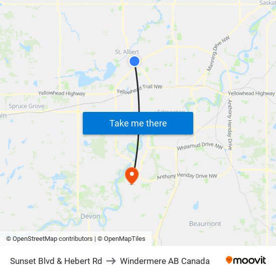 Sunset Blvd & Hebert Rd to Windermere AB Canada map