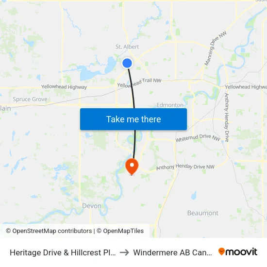 Heritage Drive & Hillcrest Place to Windermere AB Canada map