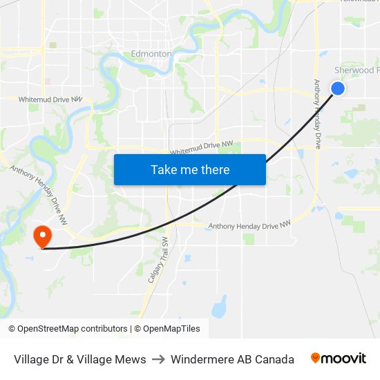 Village Dr & Village Mews to Windermere AB Canada map