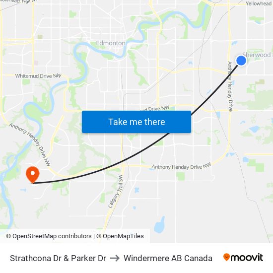 Strathcona Dr & Parker Dr to Windermere AB Canada map