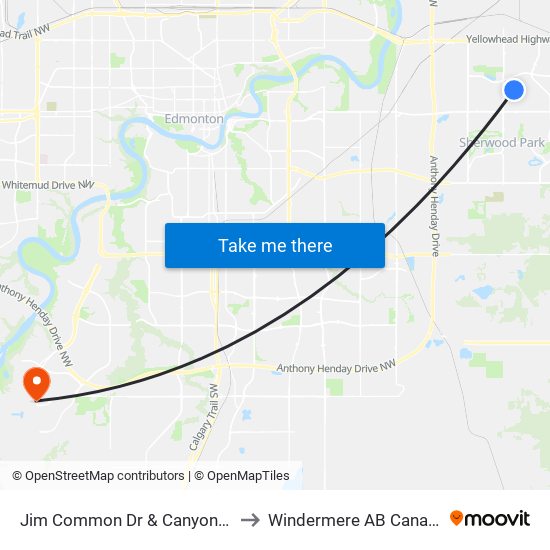 Jim Common Dr & Canyon Dr to Windermere AB Canada map