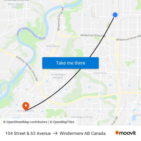 104 Street & 63 Avenue to Windermere AB Canada map