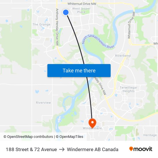 188 Street & 72 Avenue to Windermere AB Canada map
