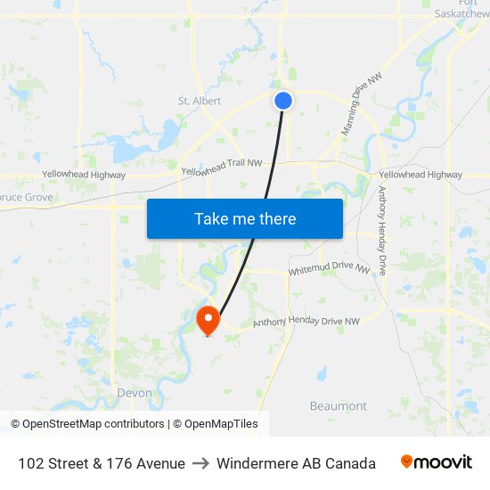 102 Street & 176 Avenue to Windermere AB Canada map