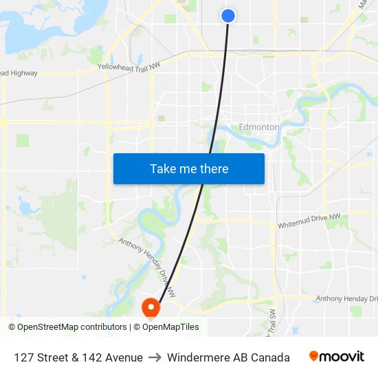 127 Street & 142 Avenue to Windermere AB Canada map