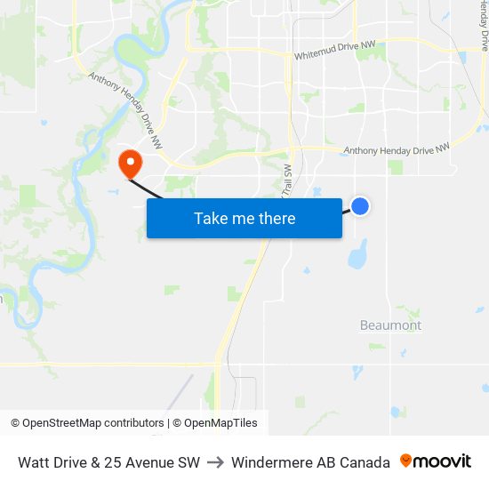 Watt Drive & 25 Avenue SW to Windermere AB Canada map