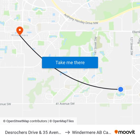 Desrochers Drive & 35 Avenue SW to Windermere AB Canada map