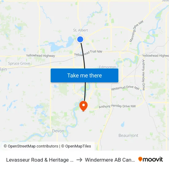 Levasseur Road & Heritage Way to Windermere AB Canada map
