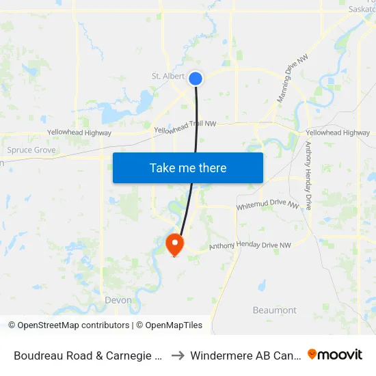 Boudreau Road & Carnegie Drive to Windermere AB Canada map