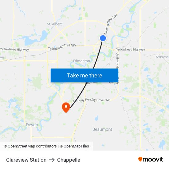 Clareview Station to Chappelle map
