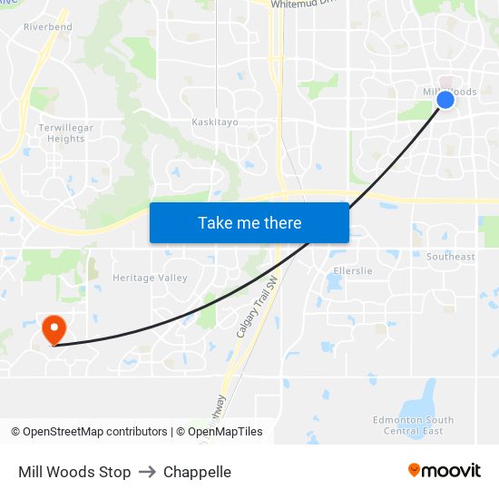 Mill Woods Stop to Chappelle map