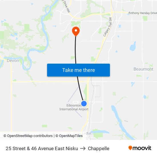 25 Street & 46 Avenue East Nisku to Chappelle map