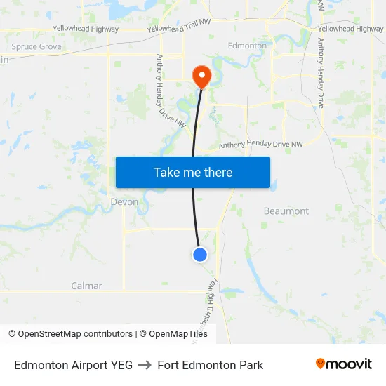 Edmonton Airport YEG to Fort Edmonton Park map