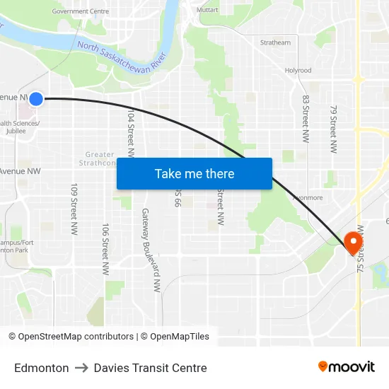 Edmonton to Davies Transit Centre map