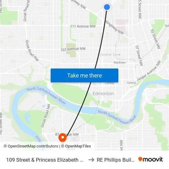 109 Street & Princess Elizabeth Avenue to RE Phillips Building map