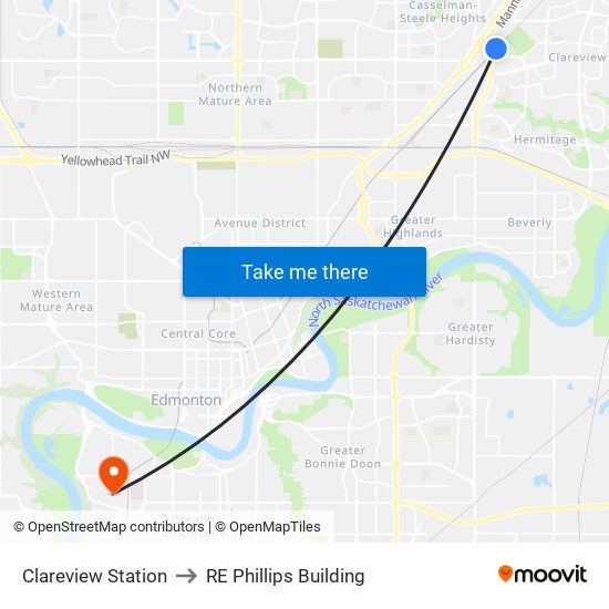 Clareview Station to RE Phillips Building map