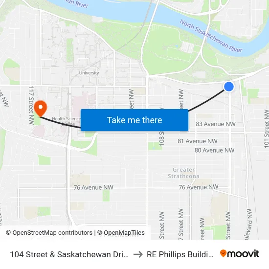 104 Street & Saskatchewan Drive to RE Phillips Building map